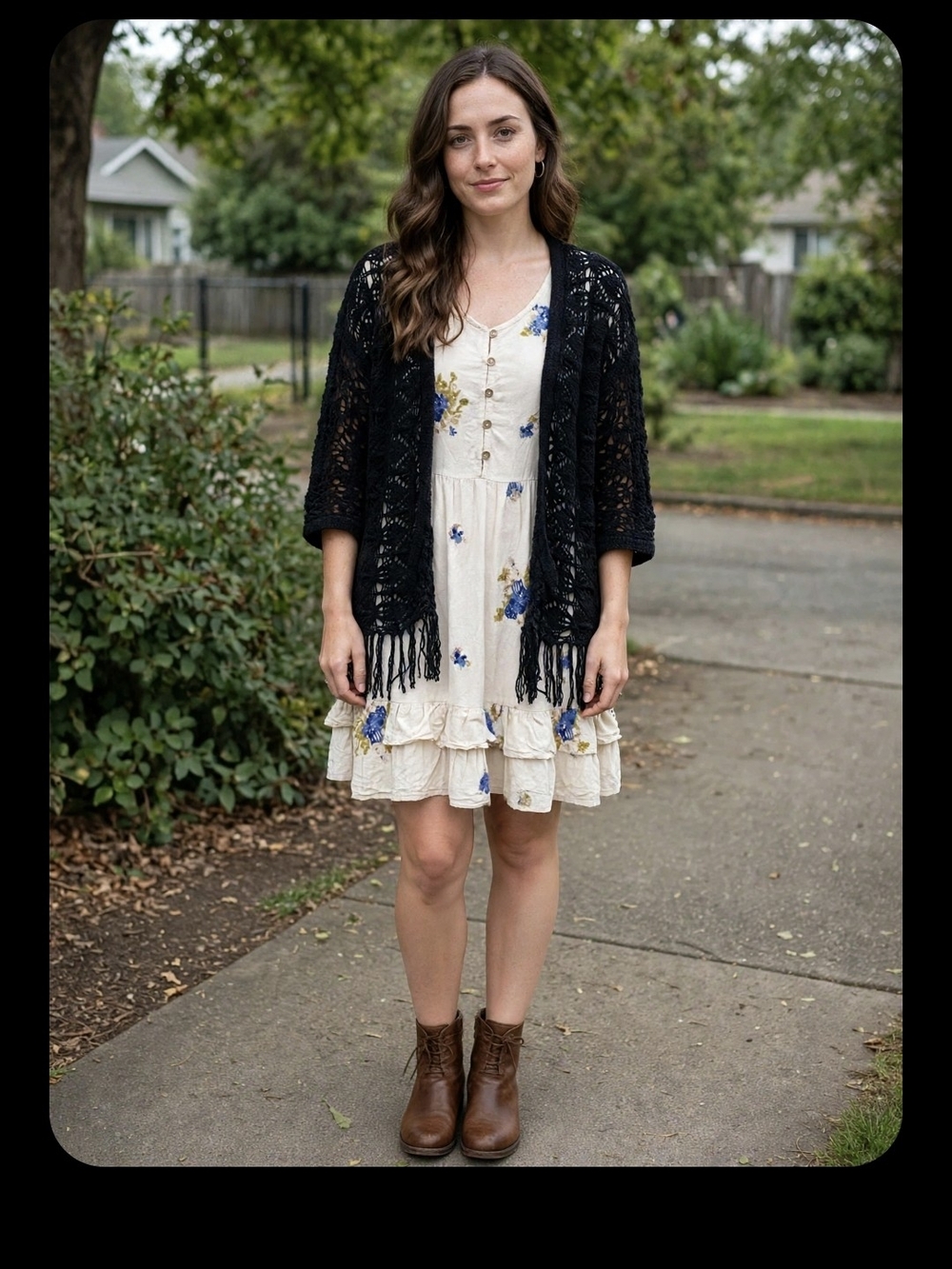 Dark Blue Open-Knit Fringe Cardigan Sweater & Boho Dress